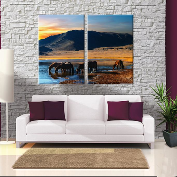 Atlar Ve Göl Manzarası Kanvas Tablo