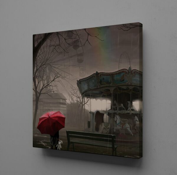 ATLI KARINCA VE KIRMIZI ŞEMSİYELİ ÇOCUK TEMALI KANVAS TABLO