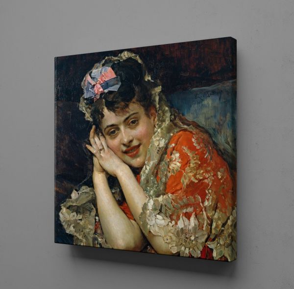 KIRMIZI ELBİSELİ FRANSIZ KADIN KANVAS TABLO